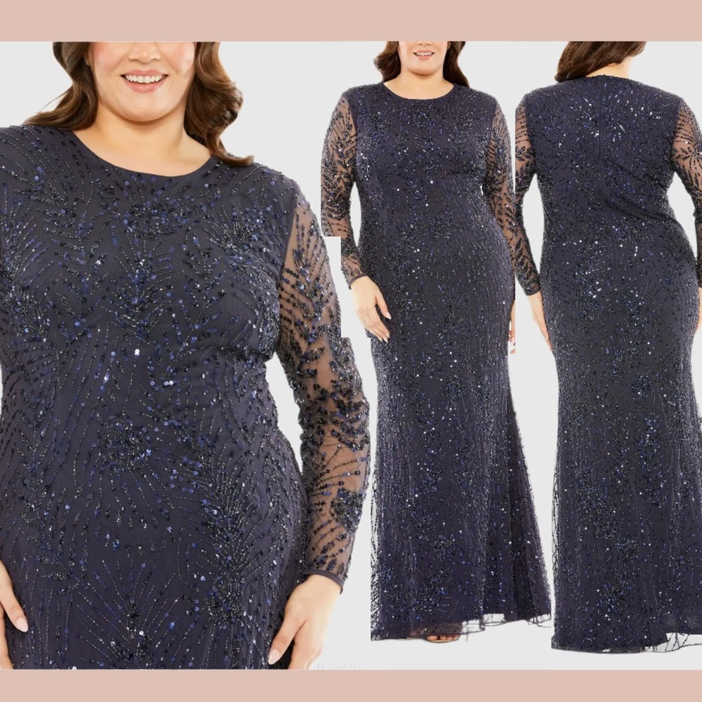 NEW MAC DUGGAL‎ [ 24 ] 93881 Long Sleeve Mesh Embellished Gown Blue J2013